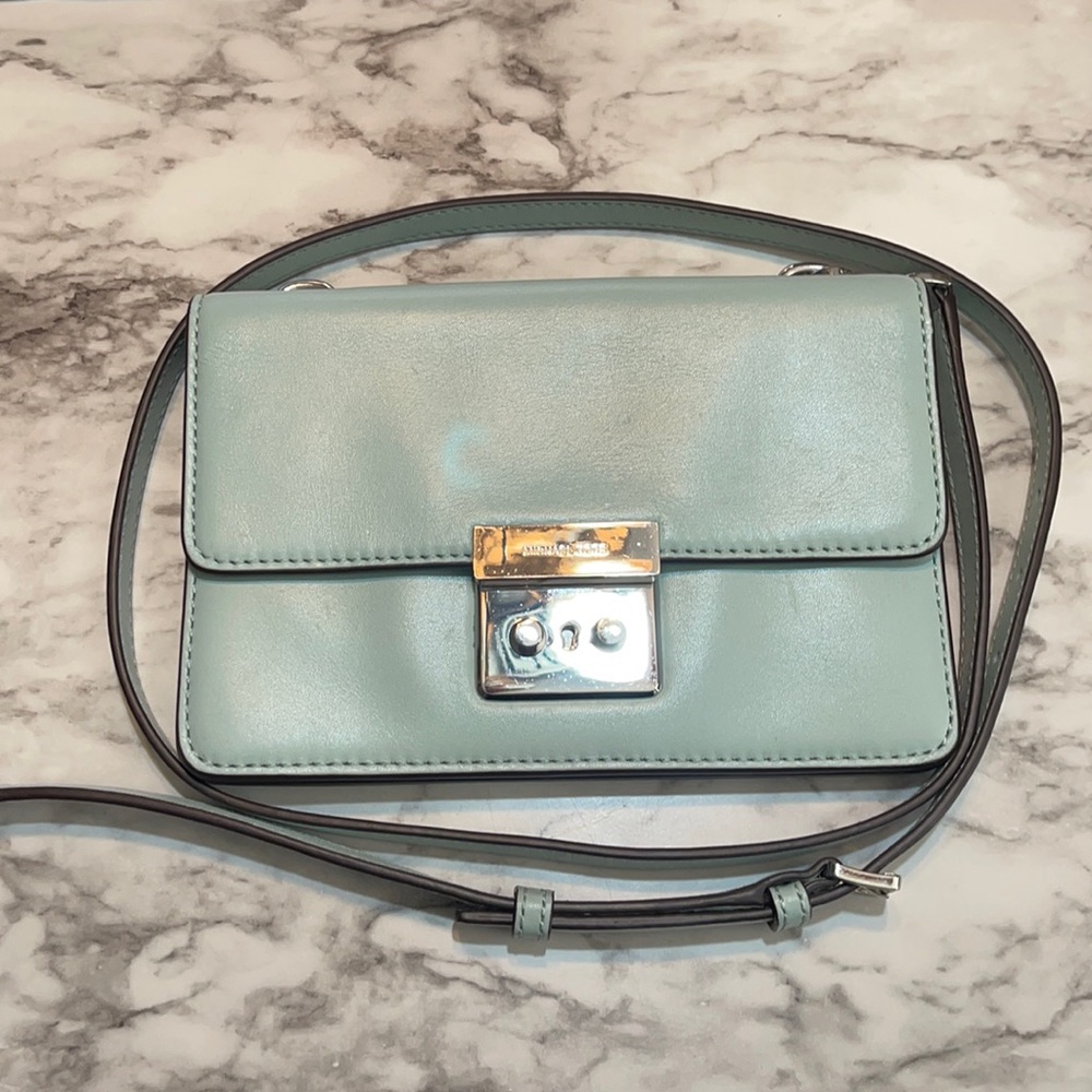 Small leather Michael Kors “Sloan” crossbody in celadon
